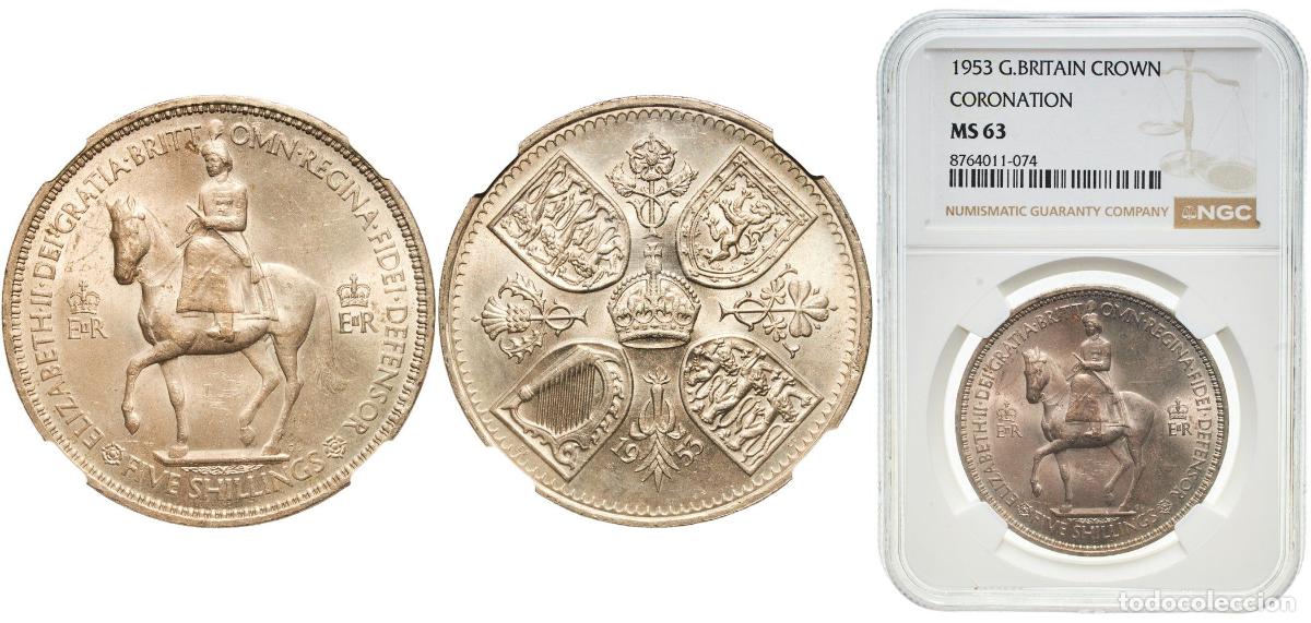 Monedas antiguas de Europa: Great Britain United Kingdom Kingdom 1953 5 Shillings - Elizabeth II (Coronation) Copper-nickel (75