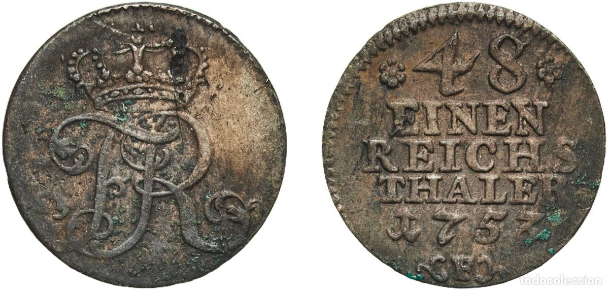 Monedas antiguas de Europa: Germany Kingdom of Prussia 1753 F 1&frasl;48 Thaler - Frederick II Billon (.22569 silver) Dresden Mint 1.