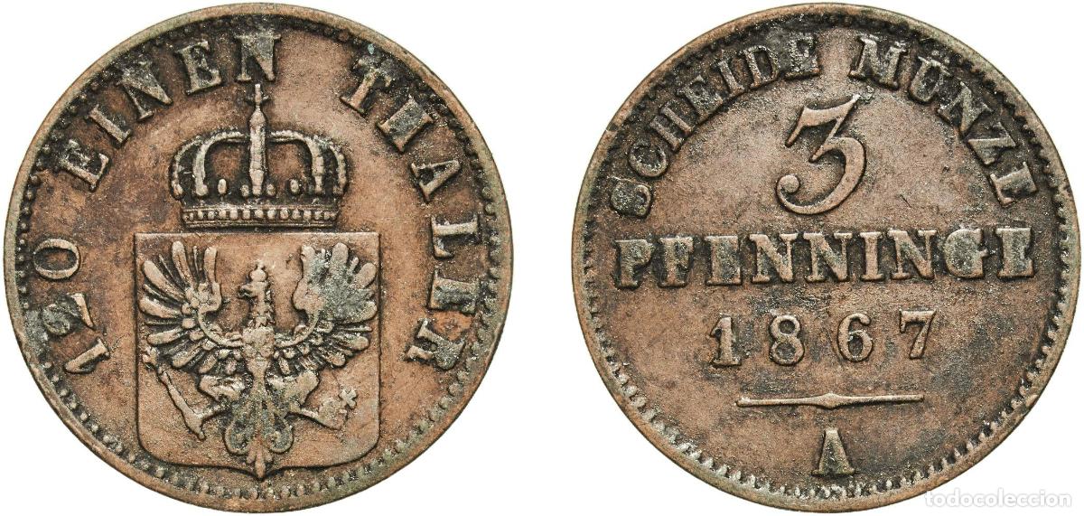 Monedas antiguas de Europa: Germany Kingdom of Prussia Kingdom of Prussia Second Empire 1867 A 3 Pfenninge - William I Copper B