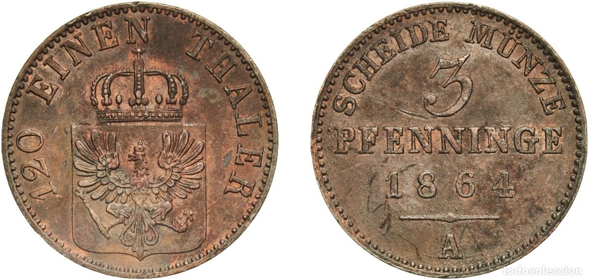 Monedas antiguas de Europa: Germany Kingdom of Prussia Kingdom of Prussia Second Empire 1864 A 3 Pfenninge - William I Copper B