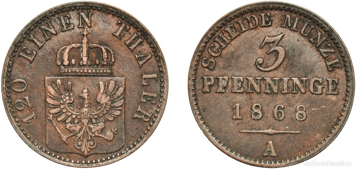 Monedas antiguas de Europa: Germany Kingdom of Prussia Kingdom of Prussia Second Empire 1868 A 3 Pfenninge - William I Copper B
