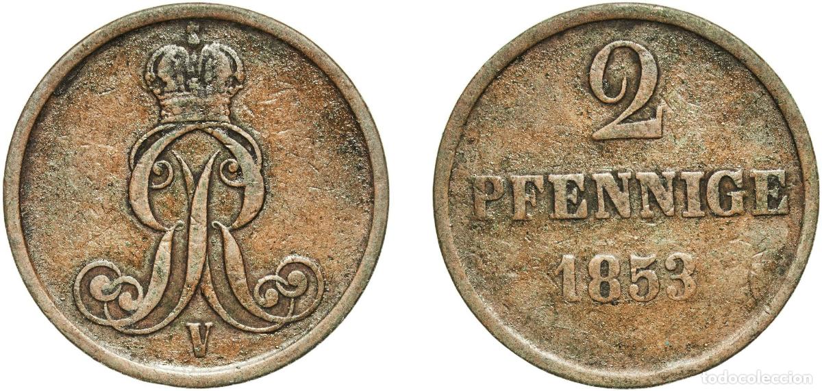 Monedas antiguas de Europa: Germany Kingdom of Hannover Kingdom of Hannover German States 1853 B 2 Pfennige - George V Copper H