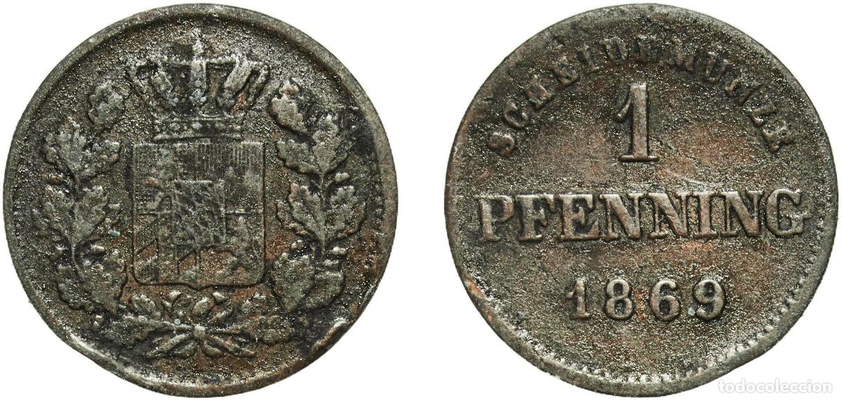 Monedas antiguas de Europa: Germany Kingdom of Bavaria German states 1869 1 Pfenning - Maximilian II Copper Munich Mint (147400