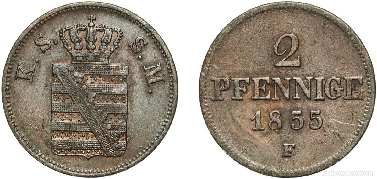 Monedas antiguas de Europa: Germany Kingdom of Saxony German states 1855 F 2 Pfennige - John Copper Dresden Mint (535575) 3.27g
