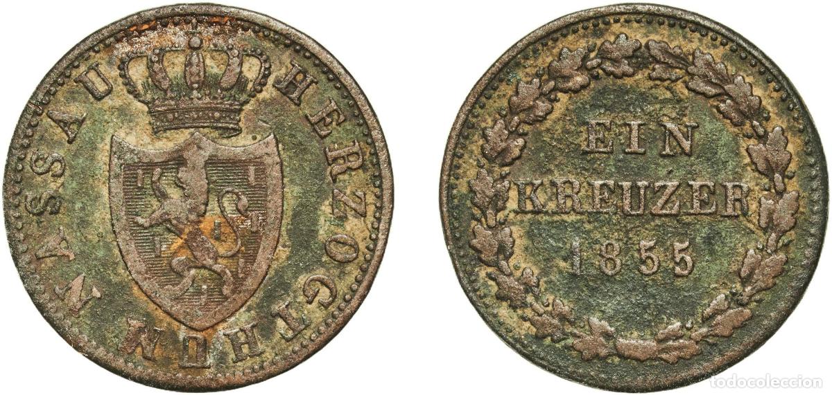 Monedas antiguas de Europa: Germany Duchy of Nassau German states 1855 1 Kreuzer - Adolph Copper Wiesbaden Mint 3.78g VF AKS 7