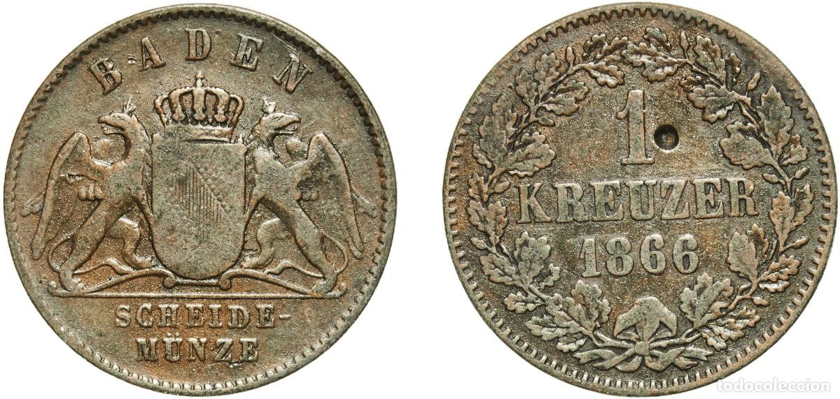 Monedas antiguas de Europa: Germany Grand Duchy of Baden German states 1866 1 Kreuzer - Friedrich I Copper Staatliche M&uuml;nze Bad
