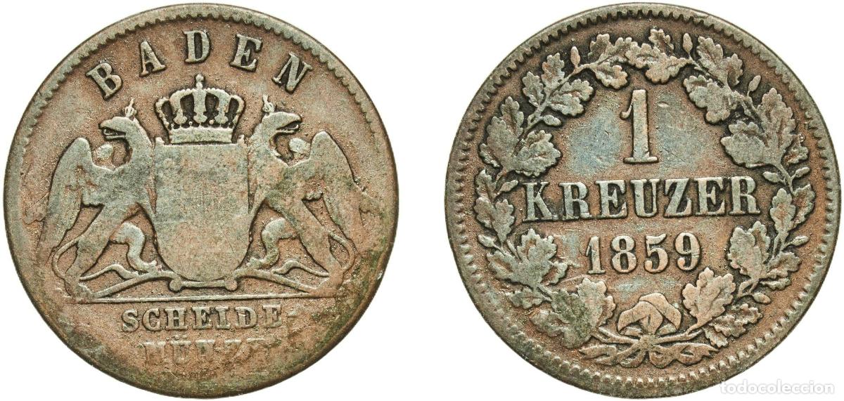 Monedas antiguas de Europa: Germany Grand Duchy of Baden German states 1859 1 Kreuzer - Friedrich I Copper Staatliche M&uuml;nze Bad