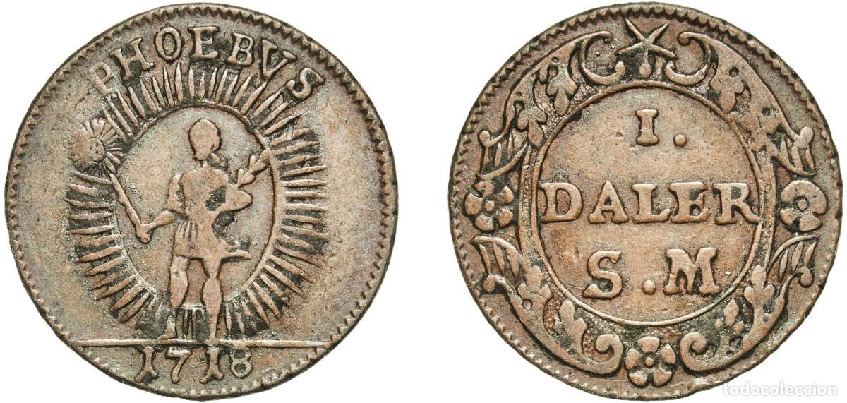 Monedas antiguas de Europa: Sweden Kingdom 1718 1 Daler Silvermynt - Charles XII (Apollo) Copper (300000) 4.74g VF KM 359