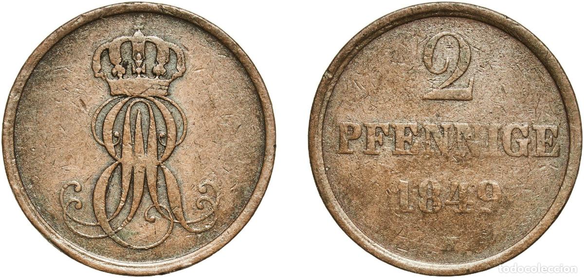 Monedas antiguas de Europa: Germany Kingdom of Hannover Kingdom of Hannover German States 1849 B 2 Pfennige - Ernest August Cop