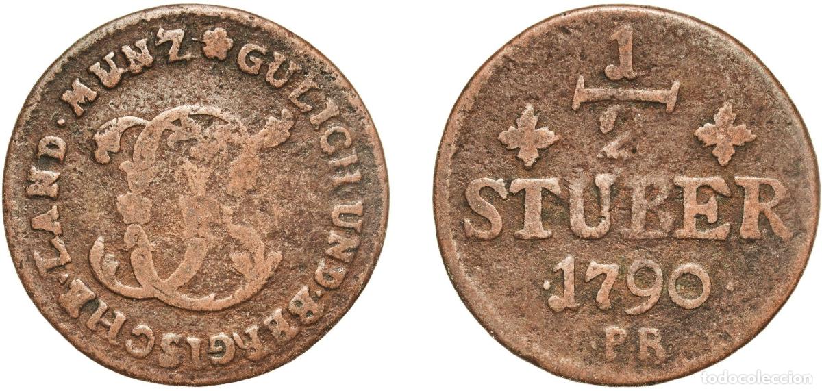 Monedas antiguas de Europa: Germany J&uuml;lich-Berg, Duchy of German states 1790 &frac12; St&uuml;ber - Carl Theodor Copper D&uuml;sseldorf Mint 6.0