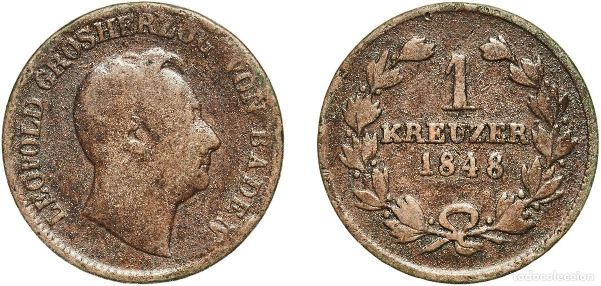 Monedas antiguas de Europa: Germany Grand Duchy of Baden German states 1848 1 Kreuzer - Leopold I Copper Staatliche M&uuml;nze Baden
