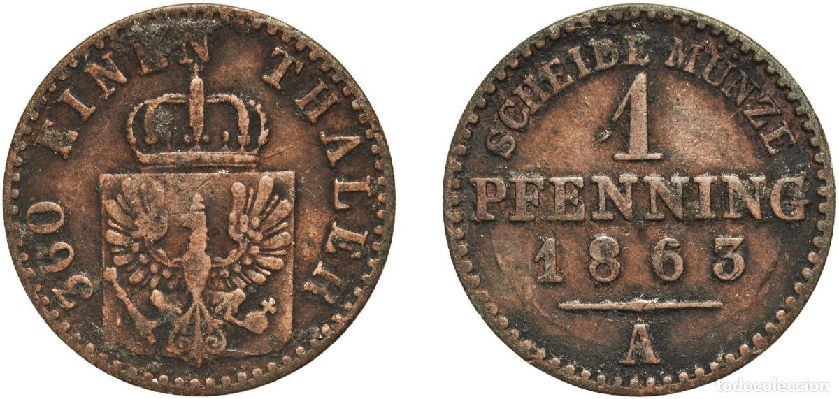 Monedas antiguas de Europa: Germany Kingdom of Prussia German states 1863 A 1 Pfenning - Wilhelm I Copper Berlin Mint 1.4g XF