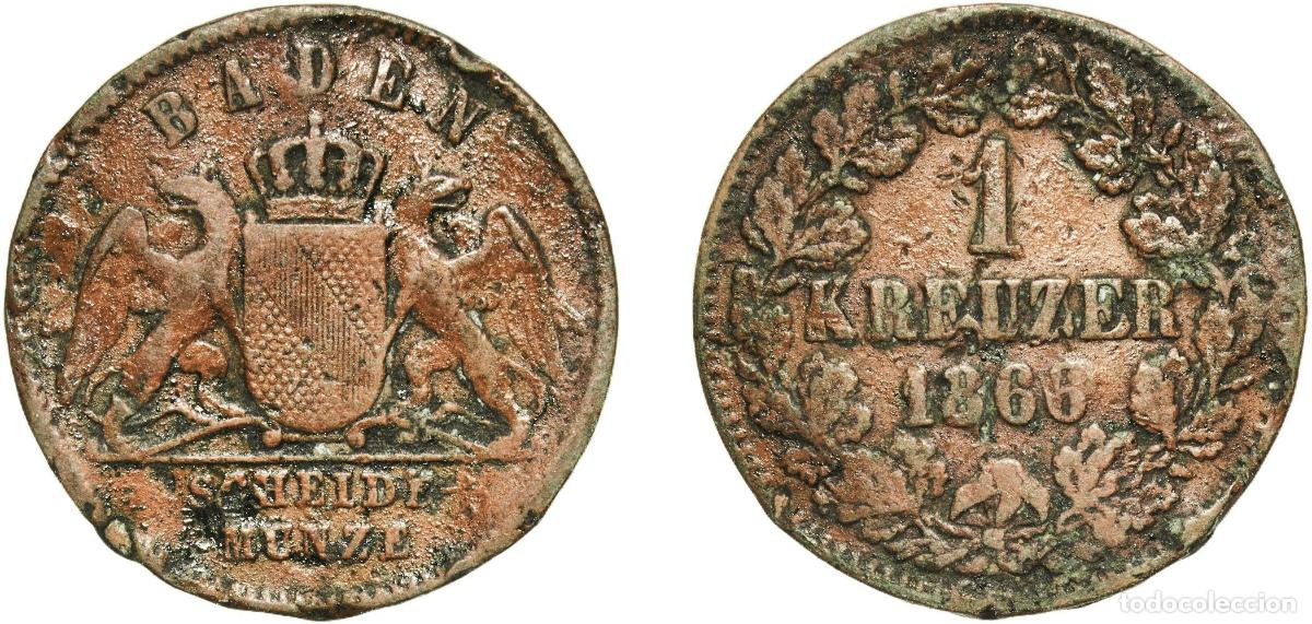 Monedas antiguas de Europa: Germany Grand Duchy of Baden German states 1866 1 Kreuzer - Friedrich I Copper Staatliche M&uuml;nze Bad