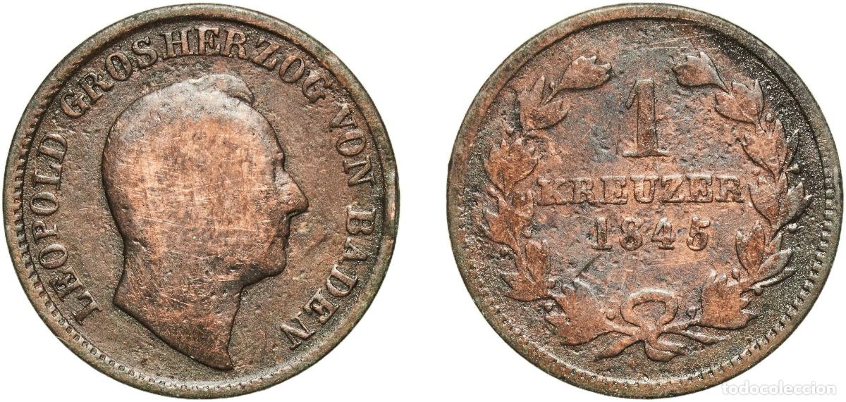 Monedas antiguas de Europa: Germany Grand Duchy of Baden German states 1845 1 Kreuzer - Leopold I Copper Staatliche M&uuml;nze Baden