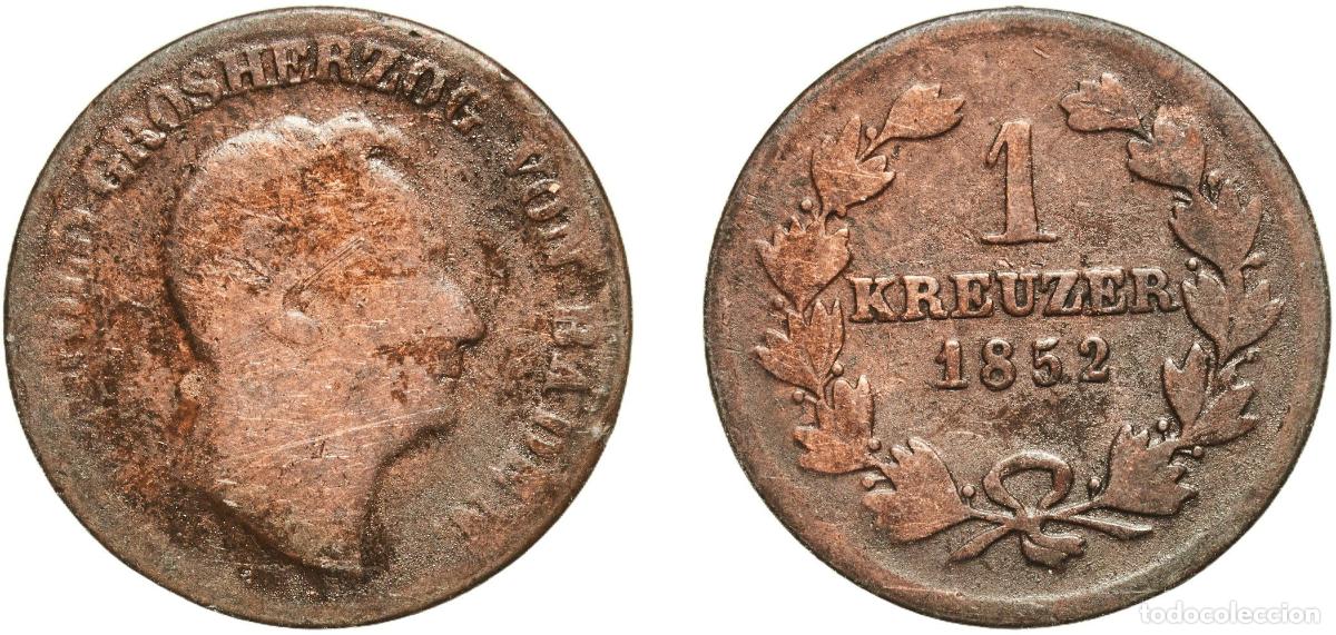 Monedas antiguas de Europa: Germany Grand Duchy of Baden German states 1852 &frac12; Kreuzer - Leopold I Copper Staatliche M&uuml;nze Baden
