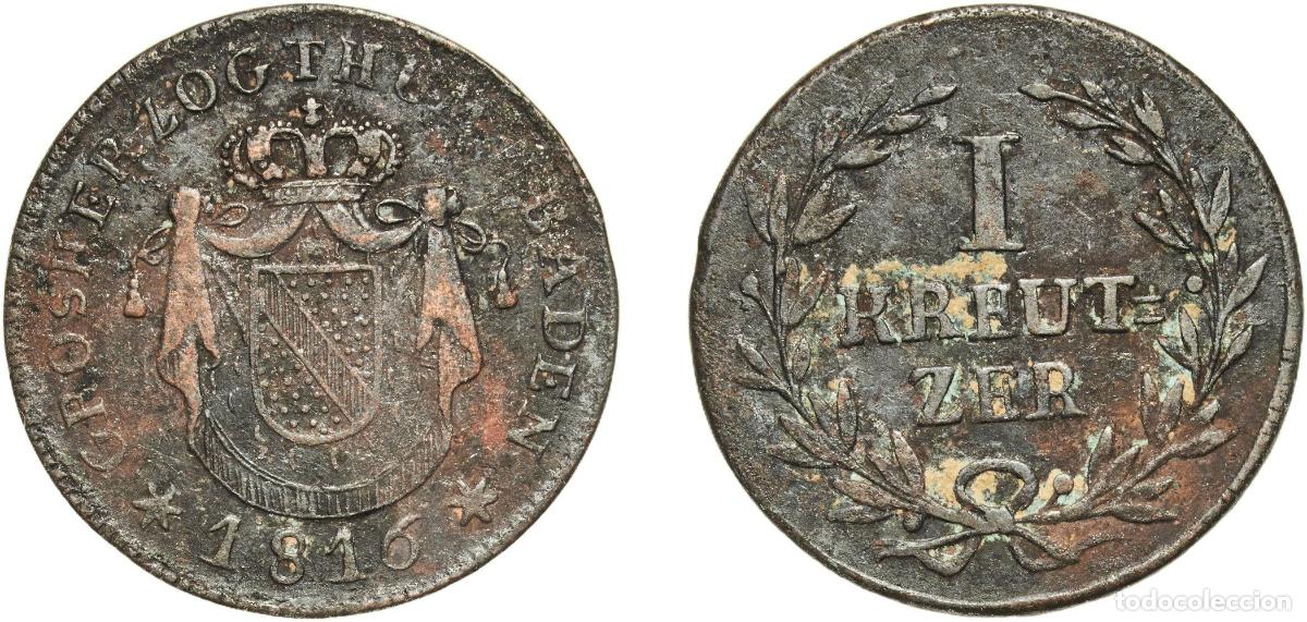 Monedas antiguas de Europa: Germany Grand Duchy of Baden German states 1816 1 Kreuzer - Charles II Louis Frederick Copper Mannh