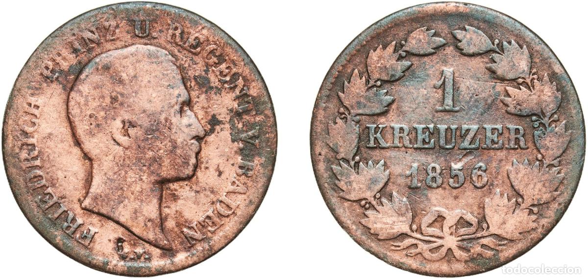 Monedas antiguas de Europa: Germany Grand Duchy of Baden German states 1856 1 Kreuzer - Frederick I Copper Staatliche M&uuml;nze Bad