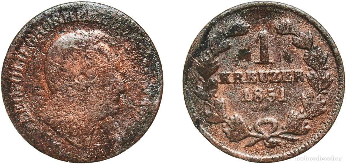 Monedas antiguas de Europa: Germany Grand Duchy of Baden German states 1851 1 Kreuzer - Leopold I Copper Staatliche M&uuml;nze Baden