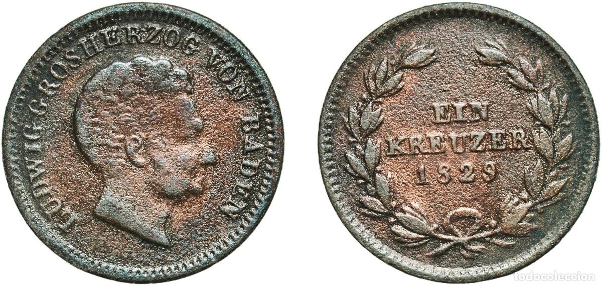 Monedas antiguas de Europa: Germany Grand Duchy of Baden German states 1829 1 Kreuzer - Louis I Copper Staatliche M&uuml;nze Baden-W
