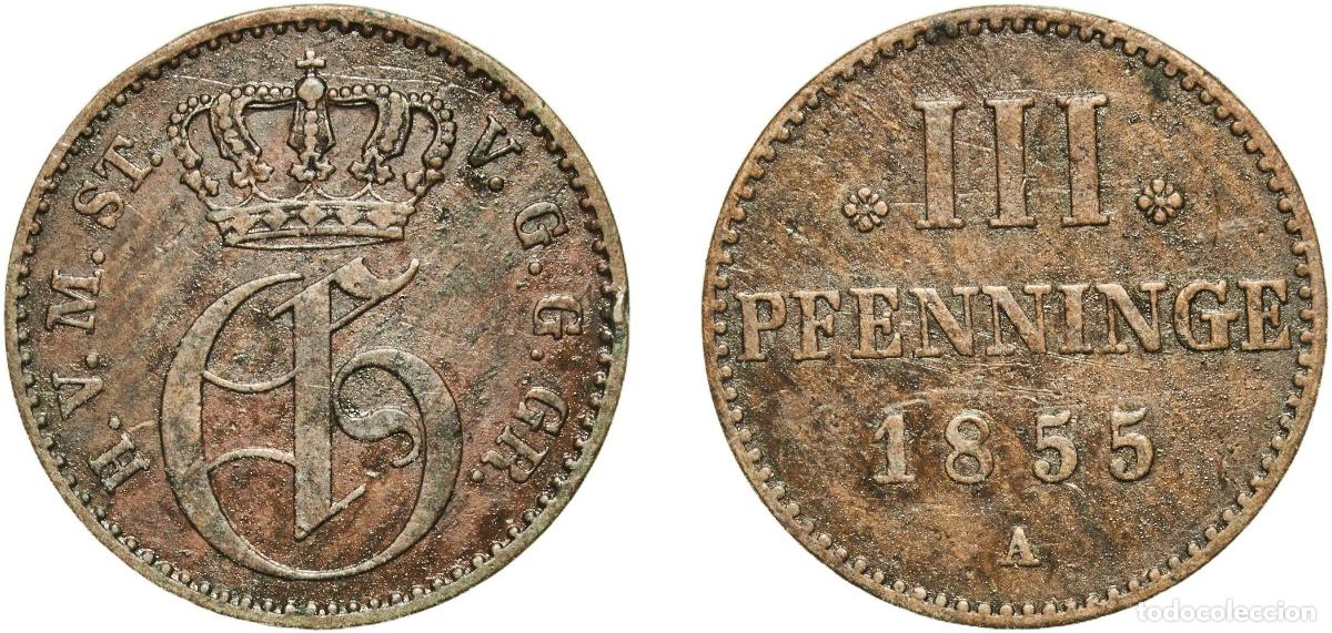 Monedas antiguas de Europa: Germany Grand Duchy of Mecklenburg-Strelitz German states 1855 A 3 Pfenninge - George Copper Berlin