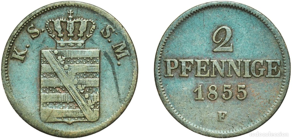 Monedas antiguas de Europa: Germany Kingdom of Saxony German states 1855 F 2 Pfennige - John Copper Dresden Mint (535575) 3.21g