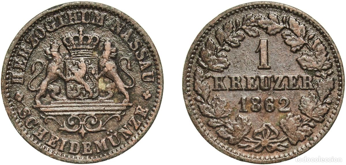 Alte M&uuml;nzen aus Europa: Germany Duchy of Nassau German states 1862 1 Kreuzer - Adolphe Copper Wiesbaden Mint (609990) 4.21g