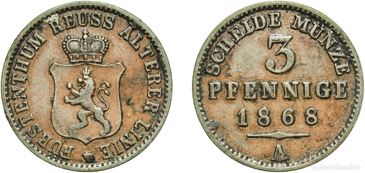 Alte M&uuml;nzen aus Europa: Germany Principality of Reuss-Schleiz German states 1868 A 3 Pfennige - Henry XIV Copper Berlin Min