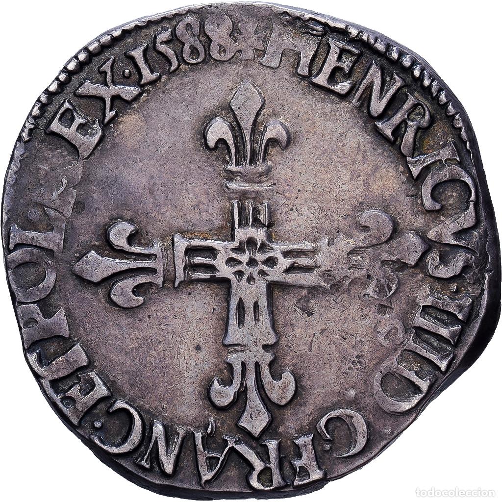 Monedas antiguas de Europa: [#1546155] Francia, Henri III, Quart Ecu, 1588, Rennes, Plata, MBC, Duplessy:1133