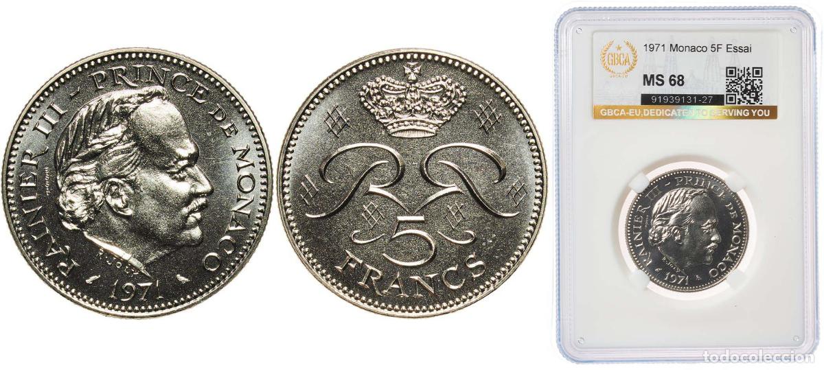 Monedas antiguas de Europa: Monaco Principalty 1971 5 Francs - Rainier III (Essai) Copper-nickel Paris Mint (1000) 10g GBCA MS