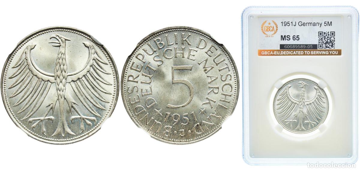 Monedas antiguas de Europa: Germany Federal Republic 1951 J 5 Deutsche Mark Original luster Silver (.625) (Copper .375) Hamburg
