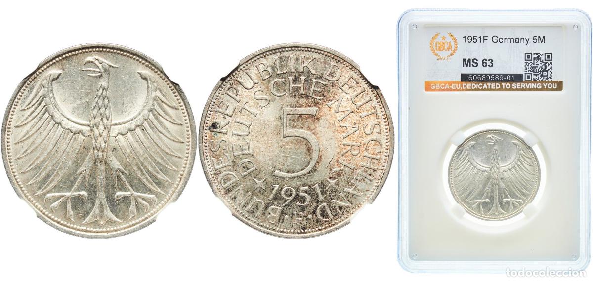 Monedas antiguas de Europa: Germany Federal Republic 1951 F 5 Deutsche Mark Silver (.625) (Copper .375) Staatliche M&uuml;nze Baden-