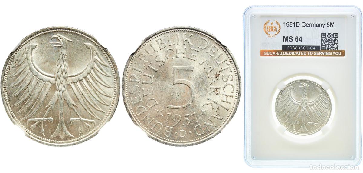 Monedas antiguas de Europa: Germany Federal Republic 1951 D 5 Deutsche Mark Silver (.625) (Copper .375) Munich Mint (20600000)
