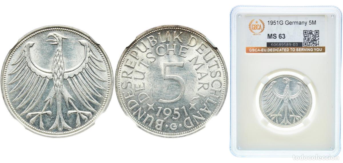 Monedas antiguas de Europa: Germany Federal Republic 1951 G 5 Deutsche Mark Silver (.625) (Copper .375) Staatliche M&uuml;nze Baden-