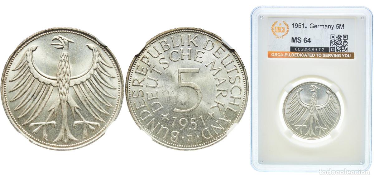 Monedas antiguas de Europa: Germany Federal Republic 1951 J 5 Deutsche Mark Silver (.625) (Copper .375) Hamburg Mint (21360000)