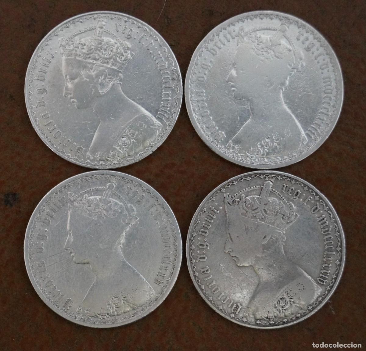 Monedas antiguas de Europa: Cuatro florines g&oacute;ticos de la Reina Victoria de Gran Breta&ntilde;a. Four Queen Victoria Gothic florins