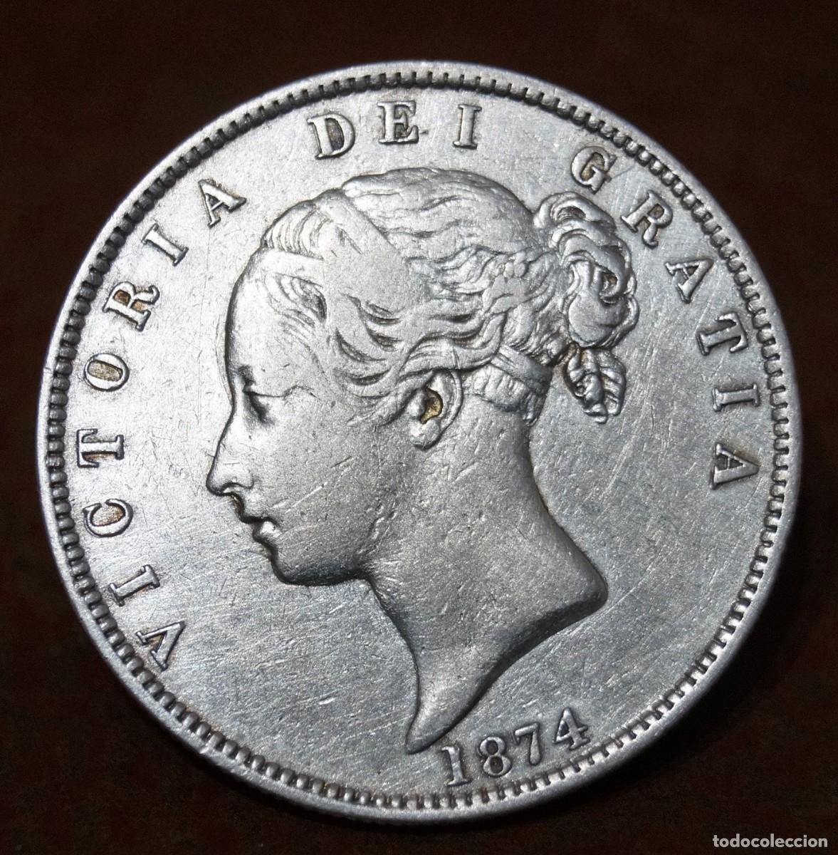 Monedas antiguas de Europa: Media corona de plata del a&ntilde;o 1874 de la Reina Victoria de Gran Breta&ntilde;a