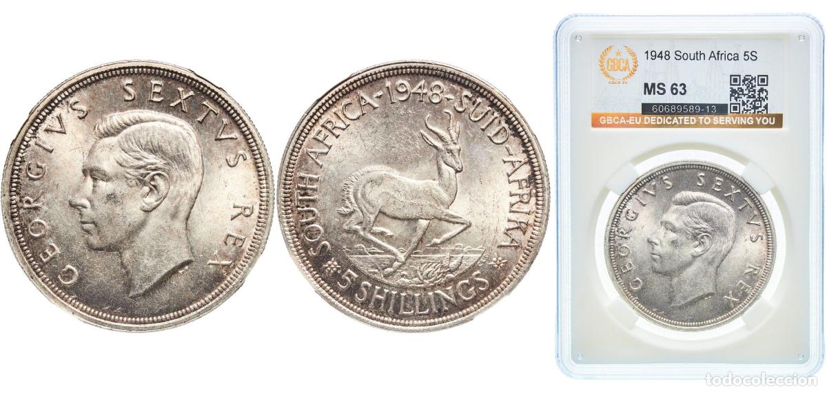 Monedas antiguas de Europa: South Africa Union 1948 5 Shillings - George VI (5 Shillings, SEXTVS REX) Silver (.800) (80% silver