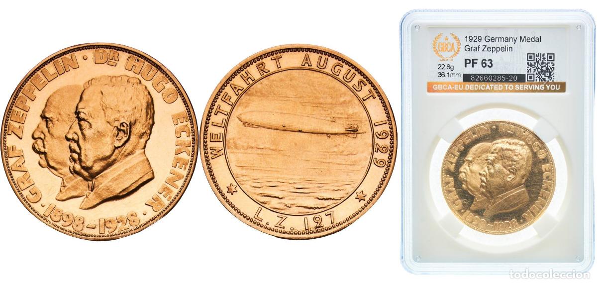 Monedas antiguas de Europa: Germany Weimar Republic 1929 Medal - The World Flight of the Graf Zeppelin Gold Berlin Mint 22.6g G