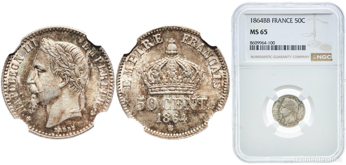 Monedas antiguas de Europa: France empire 1864 BB 50 Centimes - Napoleon III Slight patina Silver (.835) Strasbourg Mint (46258