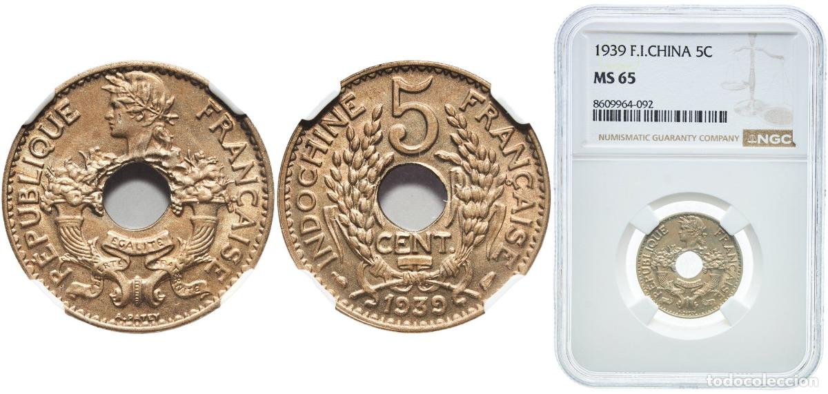Monedas antiguas de Europa: French Indochina French colony 1939 5 Centimes Nickel silver Paris Mint (38501000) 4g NGC MS 65 KM