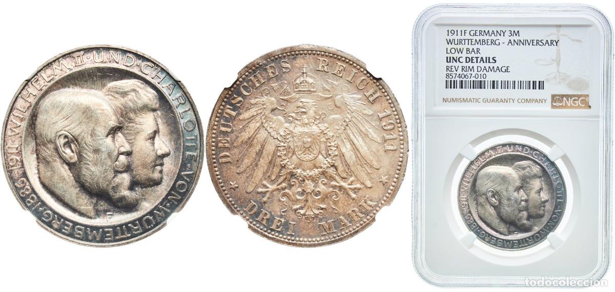 Monedas antiguas de Europa: Germany Kingdom of W&uuml;rttemberg Second Empire 1911 F 3 Mark - William II (Wedding Anniversary) Wonde