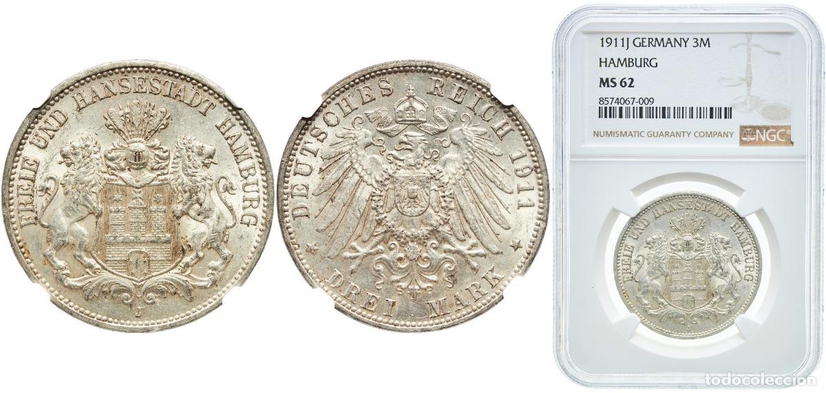 Monedas antiguas de Europa: Germany Free Hanseatic city of Hamburg Second Empire 1911 J 3 Mark Silver (.900) (922000) 16.67g NG