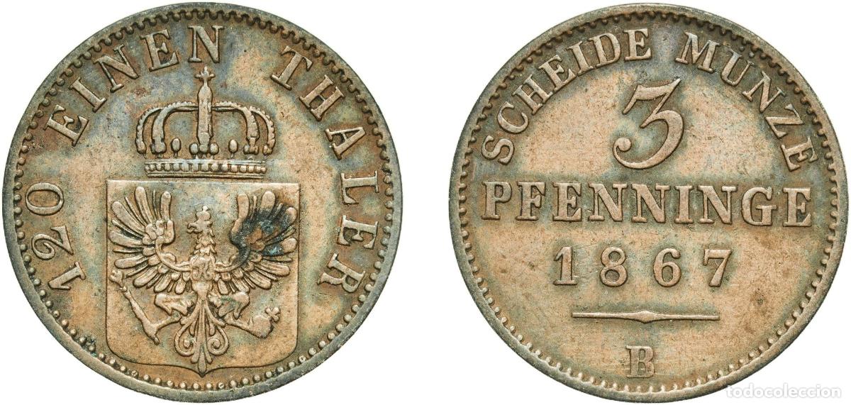Monedas antiguas de Europa: Germany Kingdom of Prussia Kingdom of Prussia Second Empire 1867 B 3 Pfenninge - William I Copper H