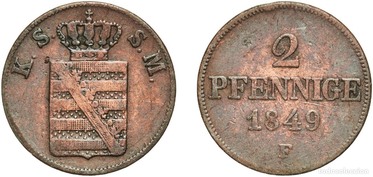 Monedas antiguas de Europa: Germany Kingdom of Saxony German states 1849 F 2 Pfennige - Frederick August II Copper Munich Mint