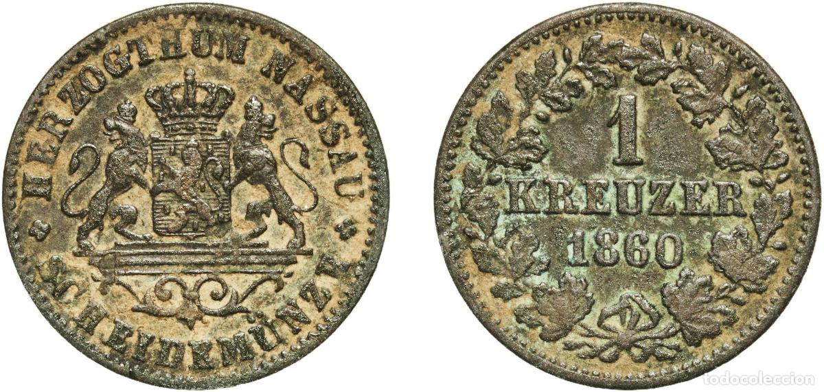 Monedas antiguas de Europa: Germany Duchy of Nassau German states 1860 1 Kreuzer - Adolphe Copper Wiesbaden Mint (609650) 4.25g