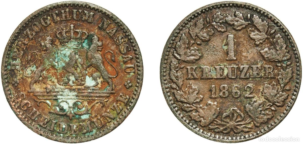 Monedas antiguas de Europa: Germany Duchy of Nassau German states 1862 1 Kreuzer - Adolphe Copper Wiesbaden Mint (609990) 4g VF