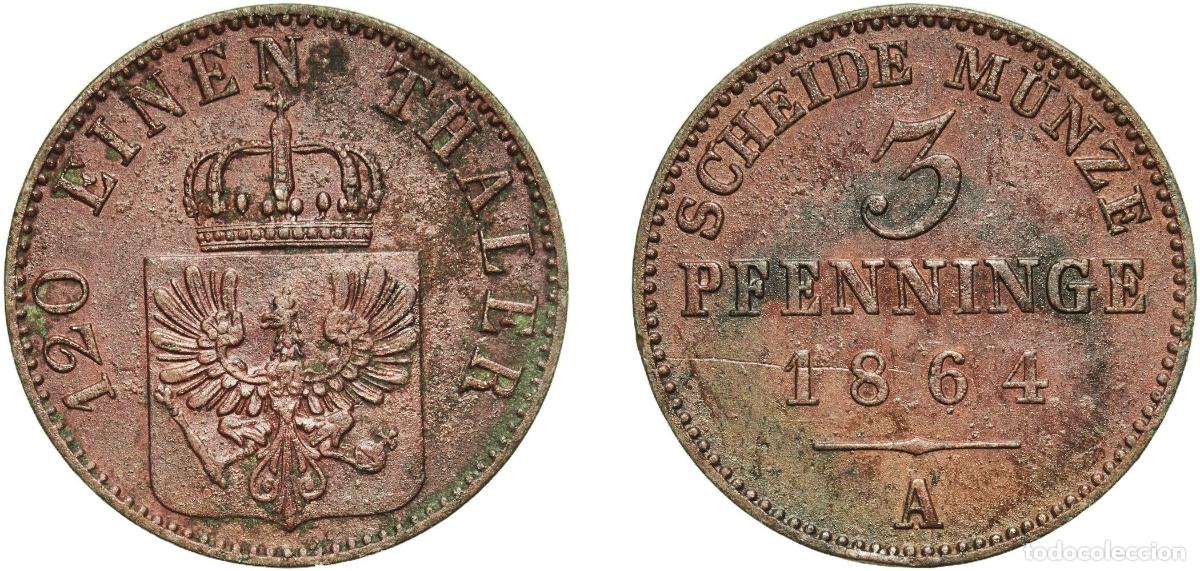 Monedas antiguas de Europa: Germany Kingdom of Prussia Kingdom of Prussia Second Empire 1864 A 3 Pfenninge - William I Copper B