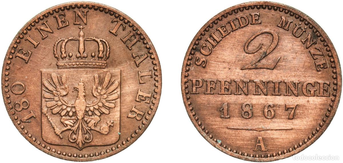Monedas antiguas de Europa: Germany Kingdom of Prussia Kingdom of Prussia Second Empire 1867 A 2 Pfenninge - William I Copper B