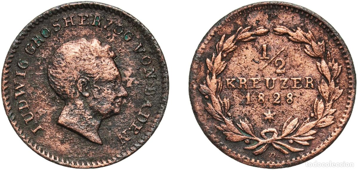 Monedas antiguas de Europa: Germany Grand Duchy of Baden German states 1828 &frac12; Kreuzer - Ludwig I Copper Staatliche M&uuml;nze Baden-
