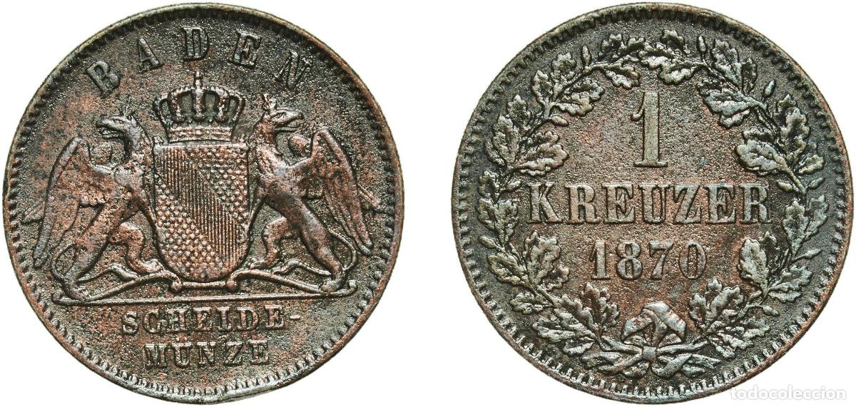 Monedas antiguas de Europa: Germany Grand Duchy of Baden German states 1870 1 Kreuzer - Friedrich I Copper Staatliche M&uuml;nze Bad